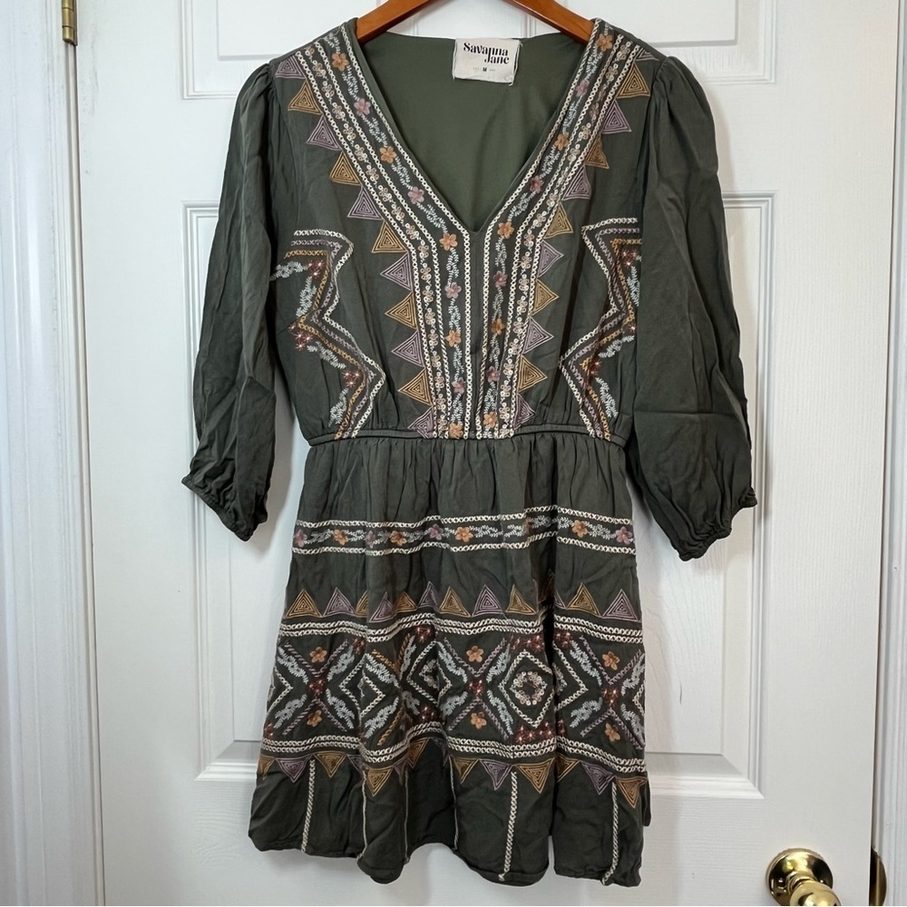 Savanna Jane Geometric Embroidered Patterned Olive Green Mini Dress Size Medium